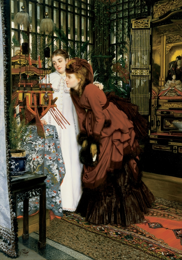 Young Women looking at Japanese articles (1869), by James Jacques Joseph Tissot. Oil on canvas, 70.5 x 50.2 cm. Cincinnati Art Museum, Ohio, USA; Gift of Henry M. Goodyear, M.D. Courtesy of The Bridgeman Art Library for use in "The Hammock: A novel based on the true story of French painter James Tissot," by Lucy Paquette © 2012